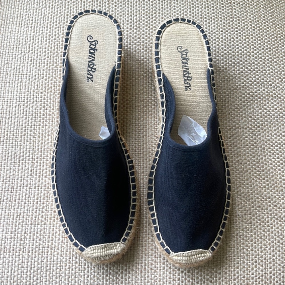 Black Canvas & Jute Wedge Espadrille Wedge Mules Sz 9 Unworn- Perfect